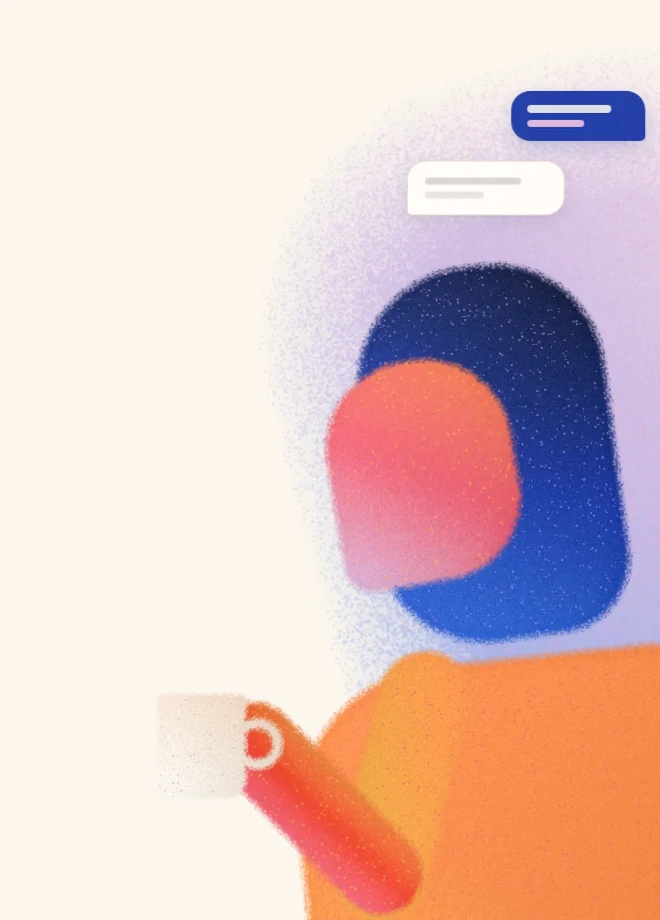 Grain illustration of a woman enjoying coffee while her business keeps answering messages